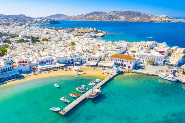 Typical white architecture overlooking the old town from one of the most beautiful luxury villas in Mykonos.