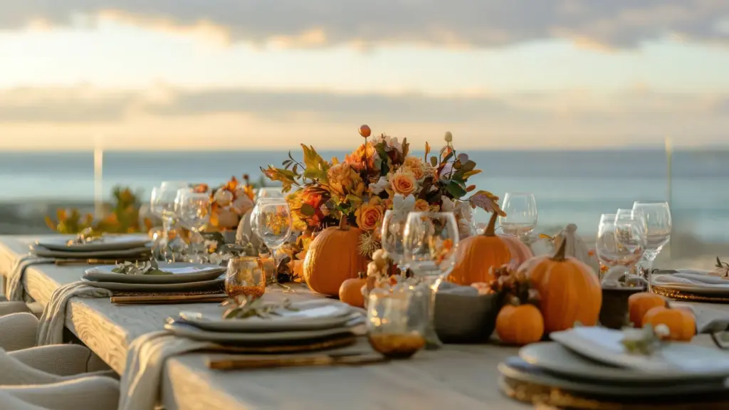 Elegant Thanksgiving table overlooking the Caribbean Sea in St. Barts, one of the best places to vacation for Thanksgiving.