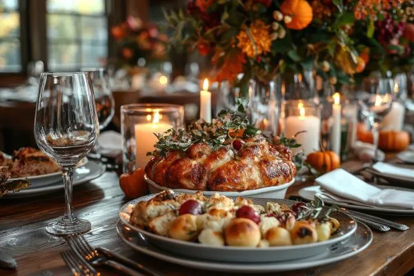 Thanksgiving table with traditional dishes in St. Barts, festive setting in the best places to vacation for Thanksgiving.