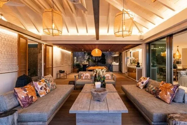Cozy luxury villa interior in St. Barts, offering comfort in one of the best places to vacation for Thanksgiving.