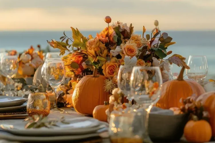 Elegant Thanksgiving table overlooking the Caribbean Sea in St. Barts, one of the best places to vacation for Thanksgiving.